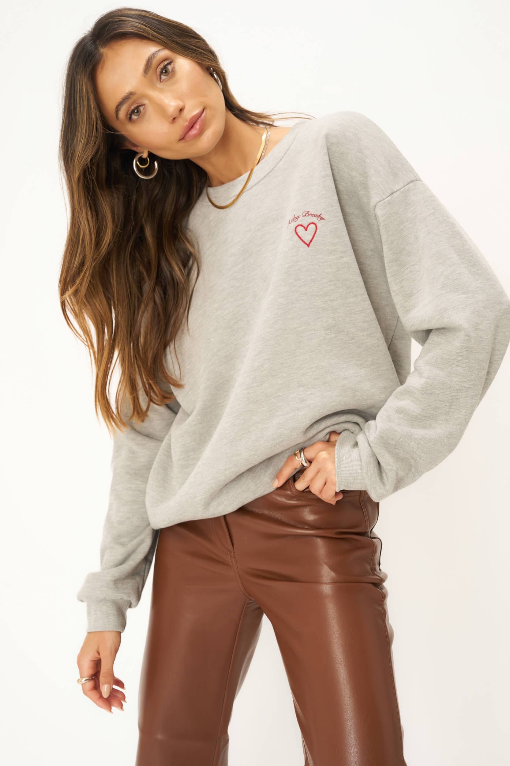 Heather – Sweatshirt Embroidered PROJECT Grey T Breaky Achy SOCIAL -