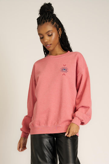 All Seeing Eye Embroidered Oversized Sweatshirt in Brandy Wine