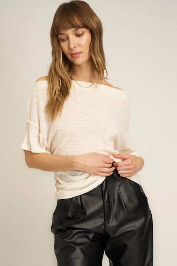 Clover Cowl Neck Textured Rib Tee in Mother of Pearl