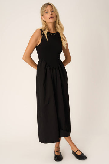 Corinne Mixed Fabric Tank Dress in Black