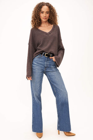 Follow Me Burnout Slouchy V Neck Long Sleeve - Rich Oak