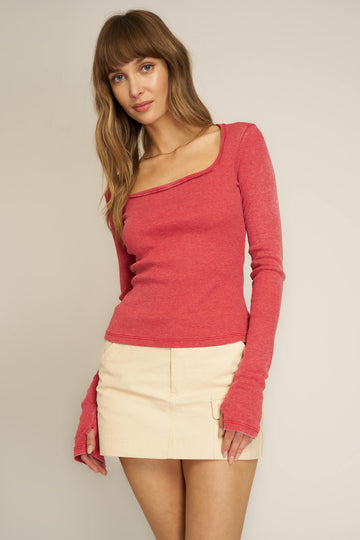 Kami Burnout Square Neck Long Sleeve in Red Dahlia