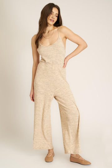 Last Dance Twist Back Sweater Rib Jumpsuit in Mother of Pearl