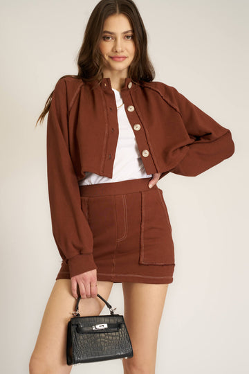 Lillian Button Front Contrast Stitch Jacket in Russet Brown