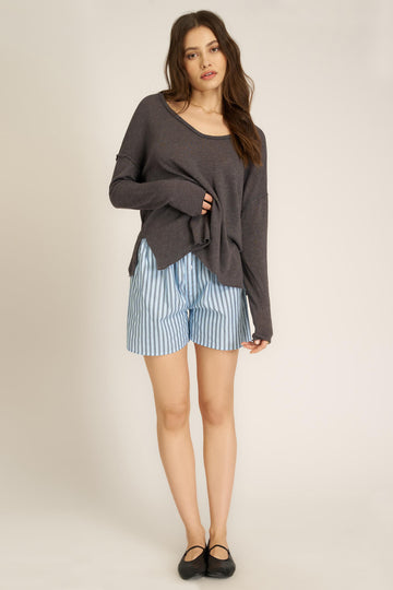 Mae Textured Relaxed V-Neck Long Sleeve - Charcoal