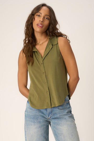 No Games Collared Button Front Tank in Sea Kelp