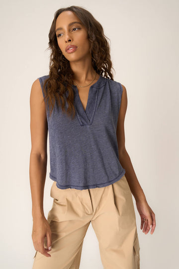 Number One Notch Neck Textured Tank in Navy Bliss