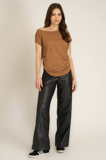 Portia Off Shoulder Pleated Tee in Saddle