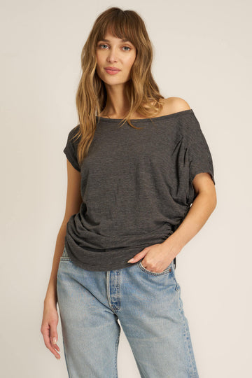 Portia Off Shoulder Pleated Tee in Black