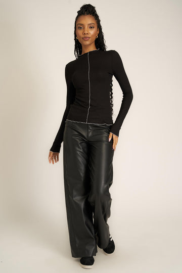 Sparks Seamed Rib Funnel Neck Long Sleeve in Black