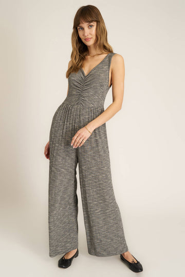 Sweetest Thing Heathered Ruched Jumpsuit in Mother of Pearl