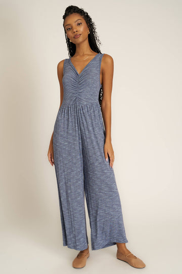 Sweetest Thing Heathered Ruched Jumpsuit in Rich Indigo